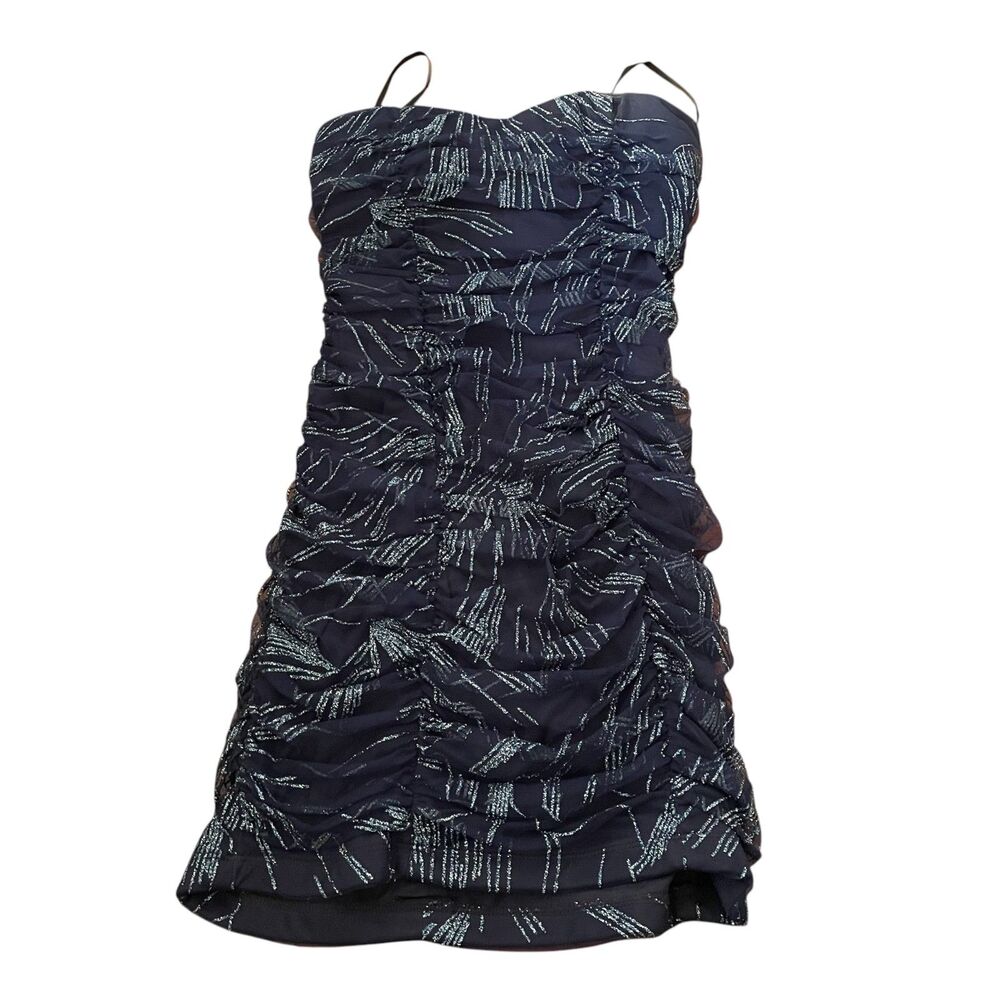 Y2K Strapless Mini Dress Bodycon Sparkly Ruched Sz XS Party Club Glitter HOCO